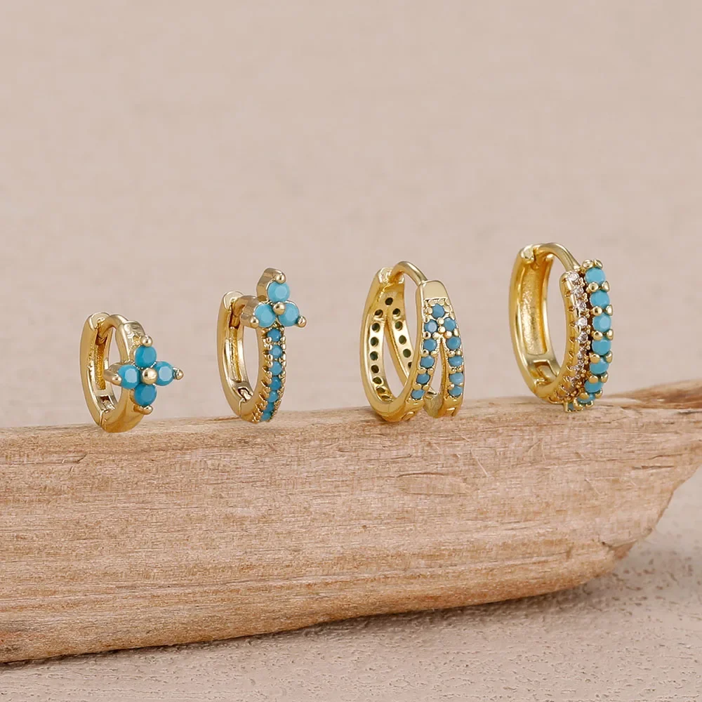 4PCS Blue Crystal Hoop Ear s Set For Women 14K Gold Plated Huggie Little Zircon Piercing Ear  Jewelry Festival Party