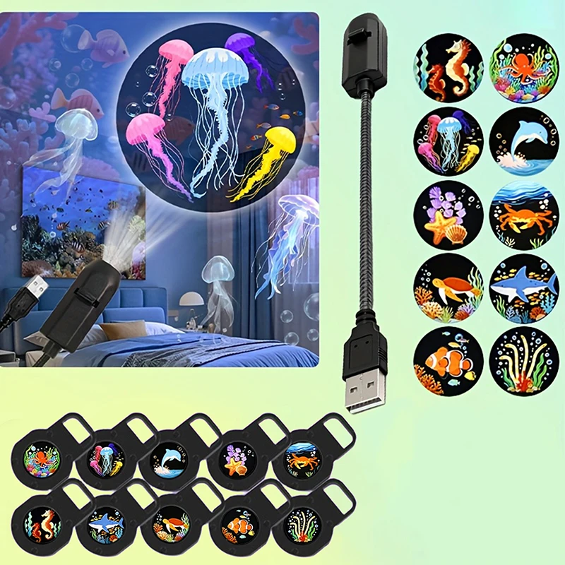 11Pcs/Set LED Projection Light USB LED Projector LED USB Ocean Life LED Projection Lamp LED Projector With 10 Patterns.