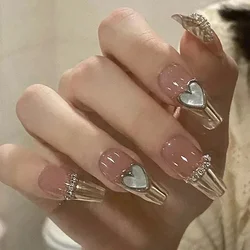 24Pcs Three-dimensional Love Heart False Nails with French Design Long Coffin Wearable Fake Nails Rhinestone Press on Nails Tips