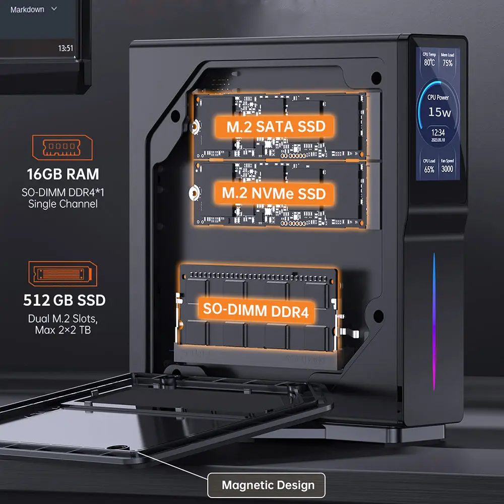 Mini PC da gioco Intel Alder Lake-N150 con schermo LCD Mini computer verticale da 16 GB DDR4 512 GB M.2 SSD per ufficio domestico