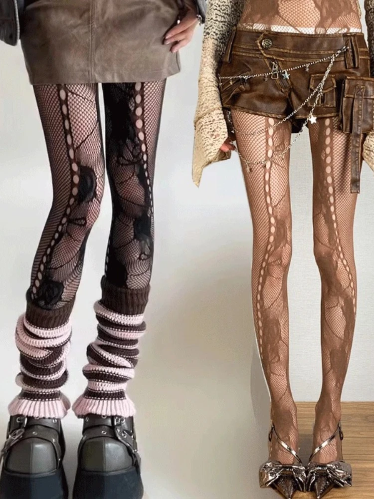 Y2K JK – bas Jacquard Floral Sexy pour femmes, collants gothiques Punk noirs en résille, Harajuku Lolita, trous de roses irréguliers, collants en maille