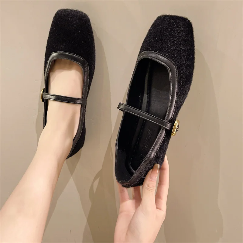 Women's Square Head Flats With Velvet Matte Finish Single Casual Shoes Women Comfort Loafers Shoes Leather Mary Jane Shoes