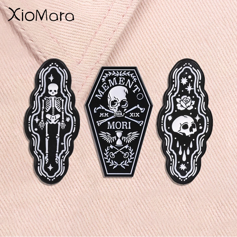 Punk Skull Enamel Pins Goth Skeleton Coffin Rose Halloween Brooch Lapel Backpack Badge Jewelry Accessories Gift for Friends