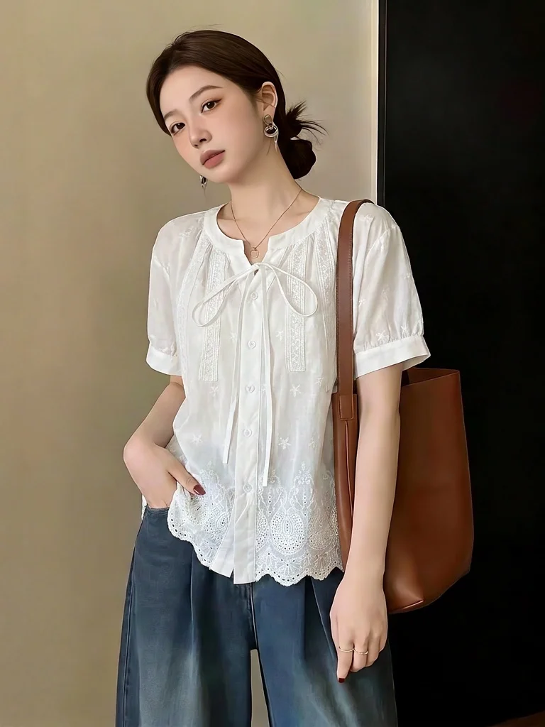 

Lace Hook Embroidery Hollow out Short Sleeve Shirt Women's plus Size Summer New Style Korean Version Loose Fit Office Wear