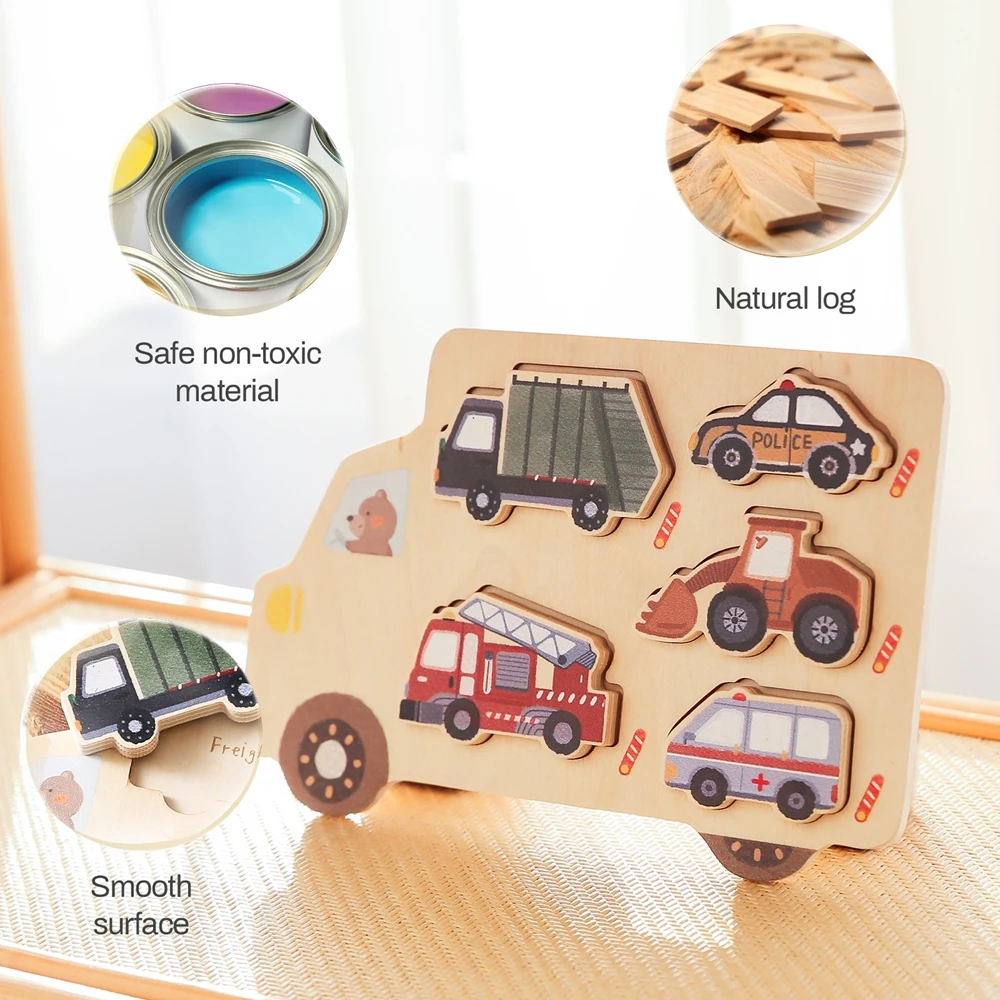 Rompecabezas de madera de juguete para bebé, rompecabezas geométrico Montessor, rompecabezas con forma de coche de Animal, juguetes de tablero a juego, juguetes educativos de aprendizaje