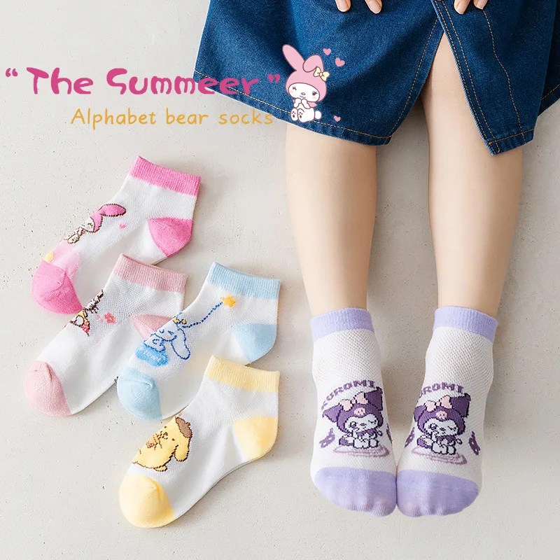 

5 Pairs Sanrio Hello Kitty Kids Socks Mesh Breathable Ice Thin Socks Summer Cute Cartoon Kuromi Childrens Girls Short Sock