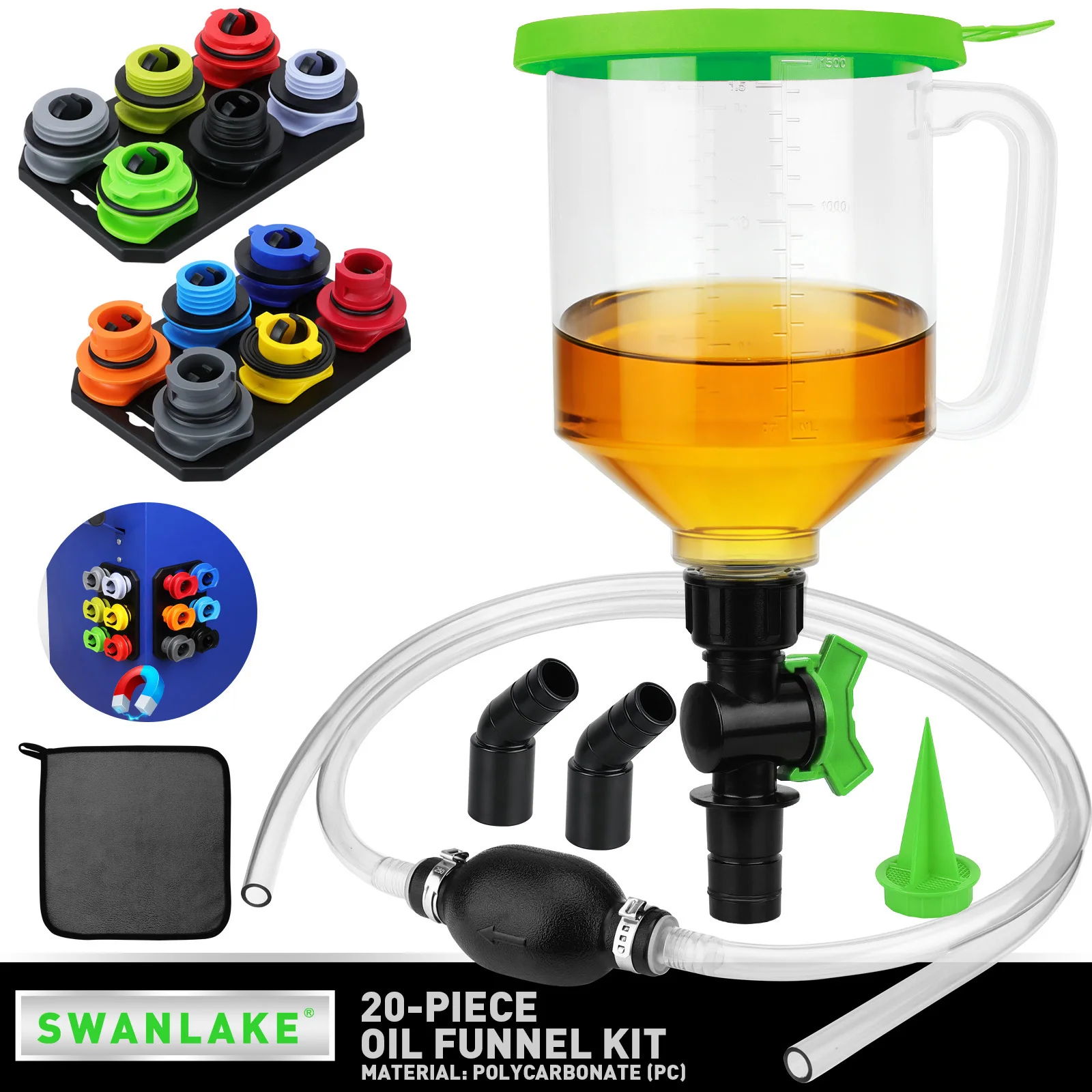 

SWANLAKE 20PCS No Spill Engine Oil Funnel Kit, 1.59QT/ 1.5L Automotive Coolant Funnel Set,