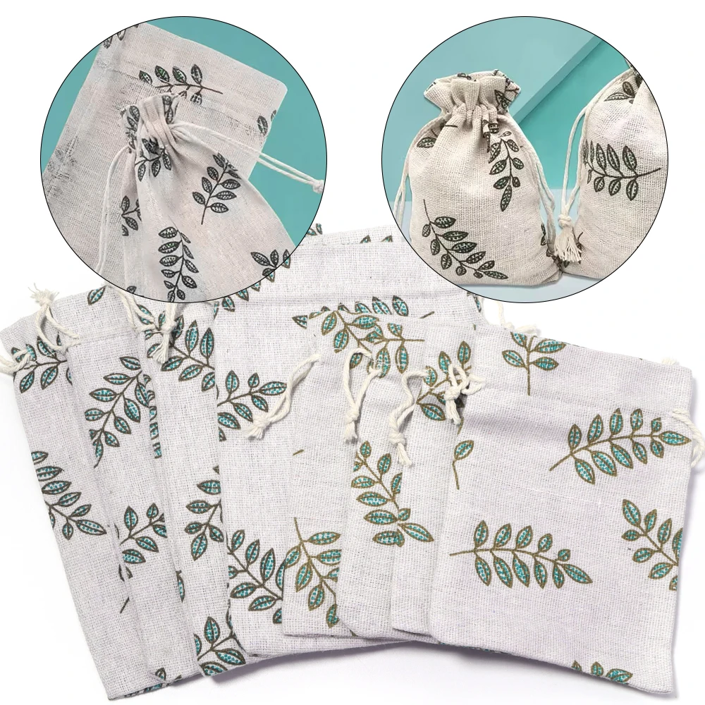 5pcs/lot Cotton Linen Green Leaf Printed Drawstring Bag Gift Pouches Key Coins Cosmetic Storage Bags Jewelry Packaging Bag