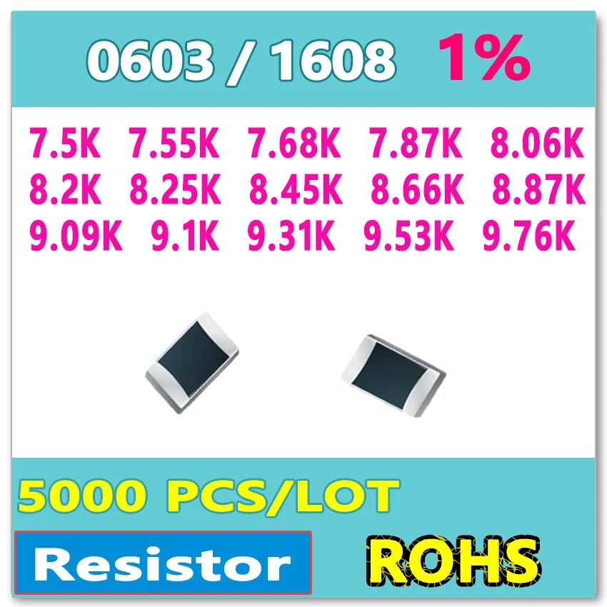 

OHM 0603 F 1% 5000pcs 7.5K 7.55K 7.68K 7.87K 8.06K 8.2K 8.25K 8.45K 8.66K 8.87K 9.09K 9.1K 9.31K 9.53K 9.76K smd 1608 Resistor