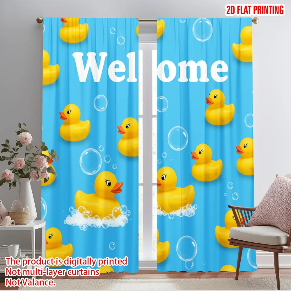 

2pcs 2D flat printing Drapes Welcome Rubber Ducks Bubbles Polyester Without Electricity Birthday Party for aesthetic room decor