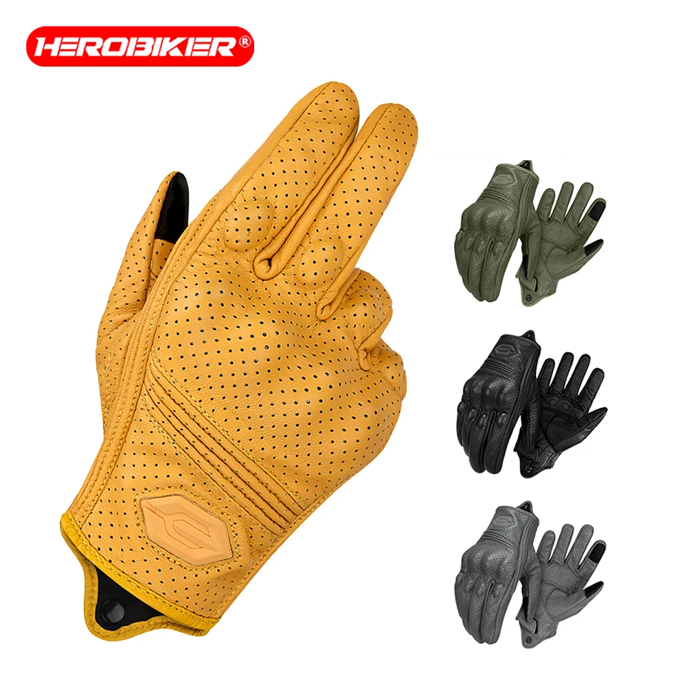 Motorcycle Gloves Summer Breathable Biker Gloves ​Retro Style Leather With Anti-Slip Ventilation Motorbike Ride Gloves Unisex