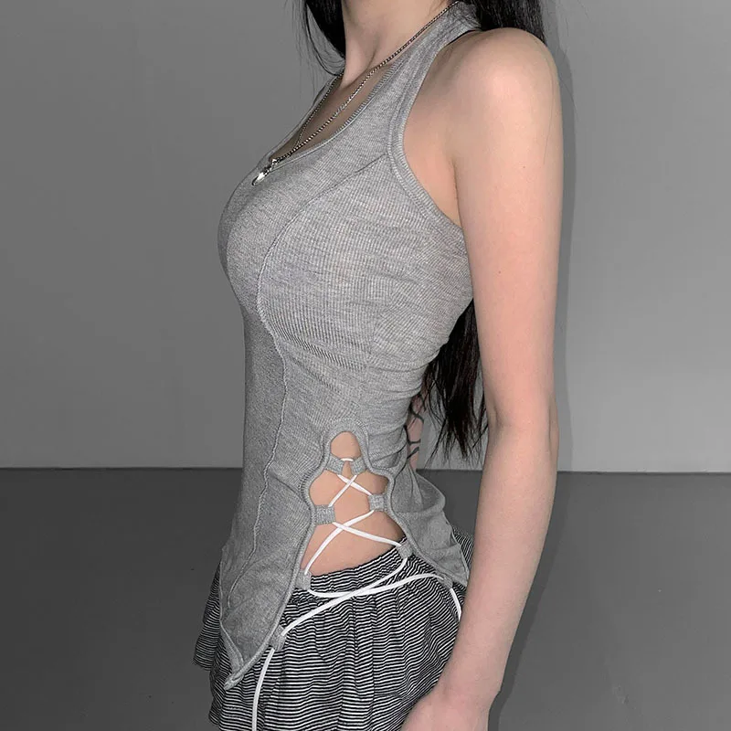 Solid Color U Neck Hanging Tank Top Women's Design Sense Side Straps Hollow Bottom Slim Fit Top