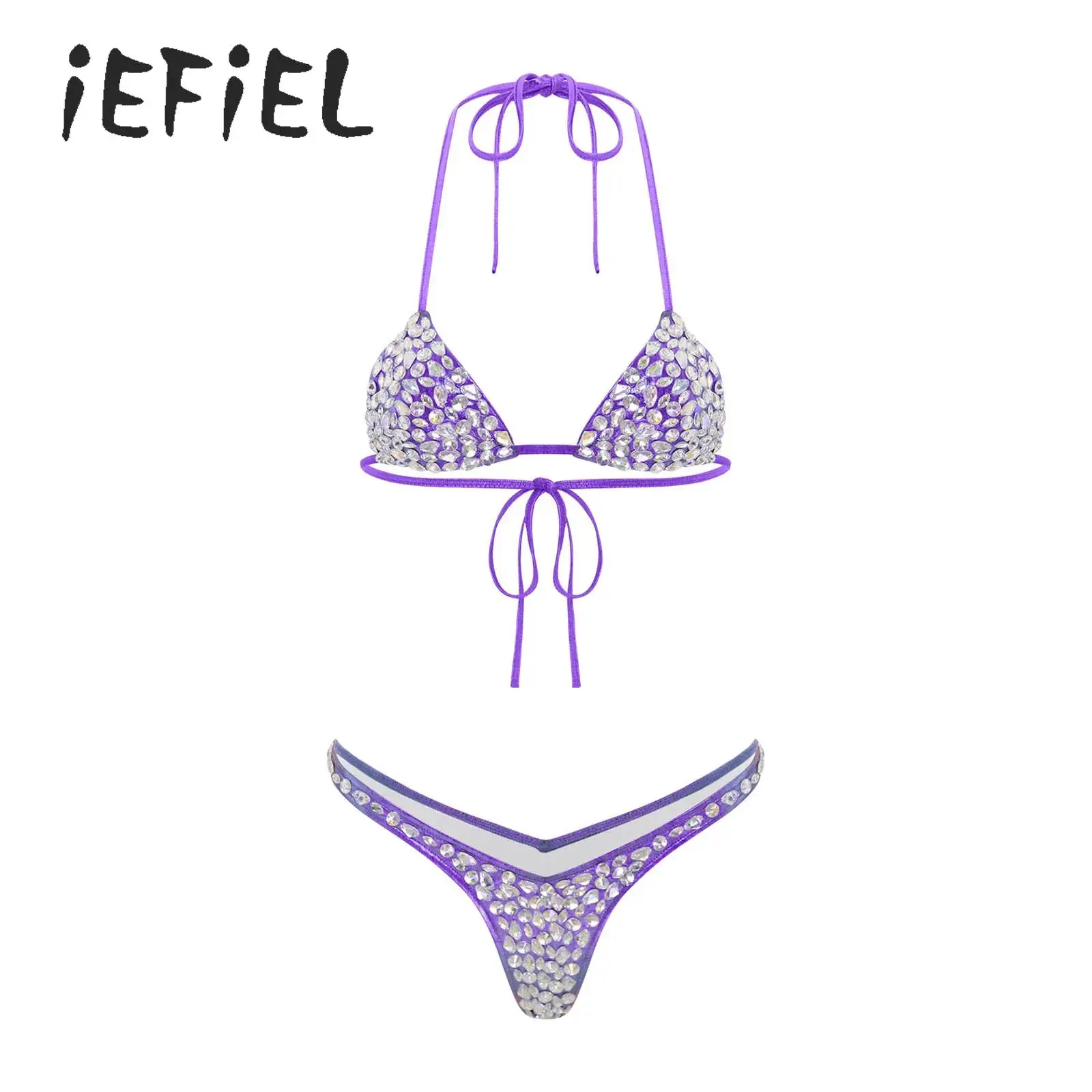 

Women's Sexy Triangle Bikini Swimsuit Sparkly Diamonds Bra And Thong Two Piece Swimwear Set Brazilian Halter Bathing Beach Suit