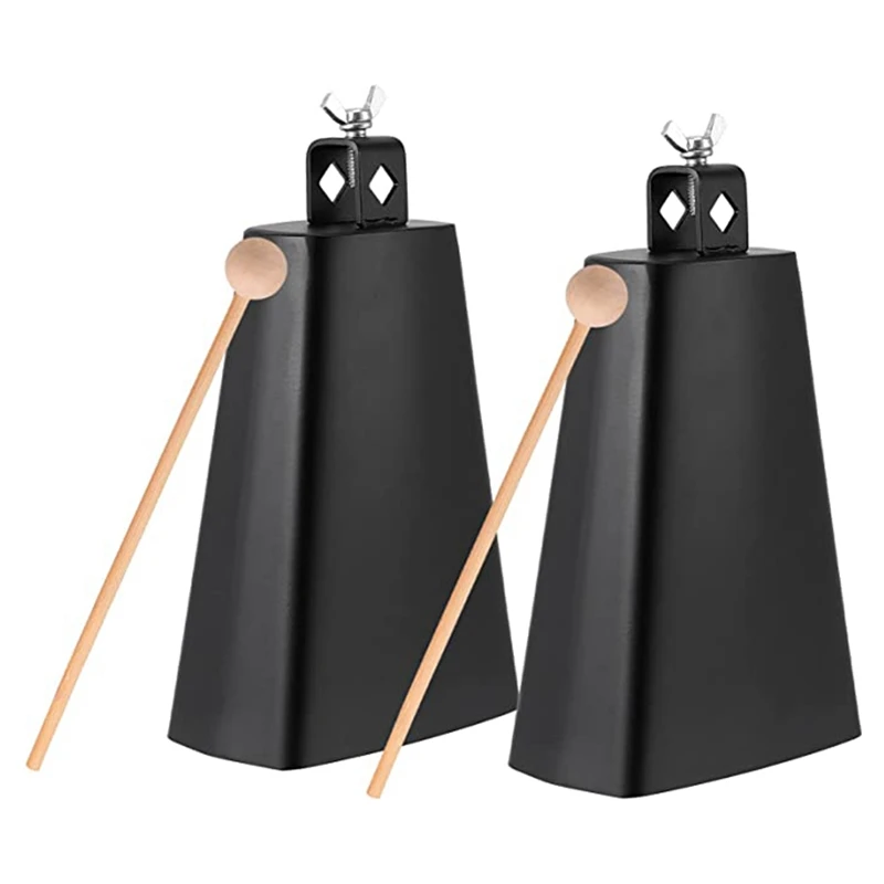 

2 X 8 Inch, Manual Percussion Cowbell With Wooden Sticks For Drum Set, Sports, Home, Farm, Black
