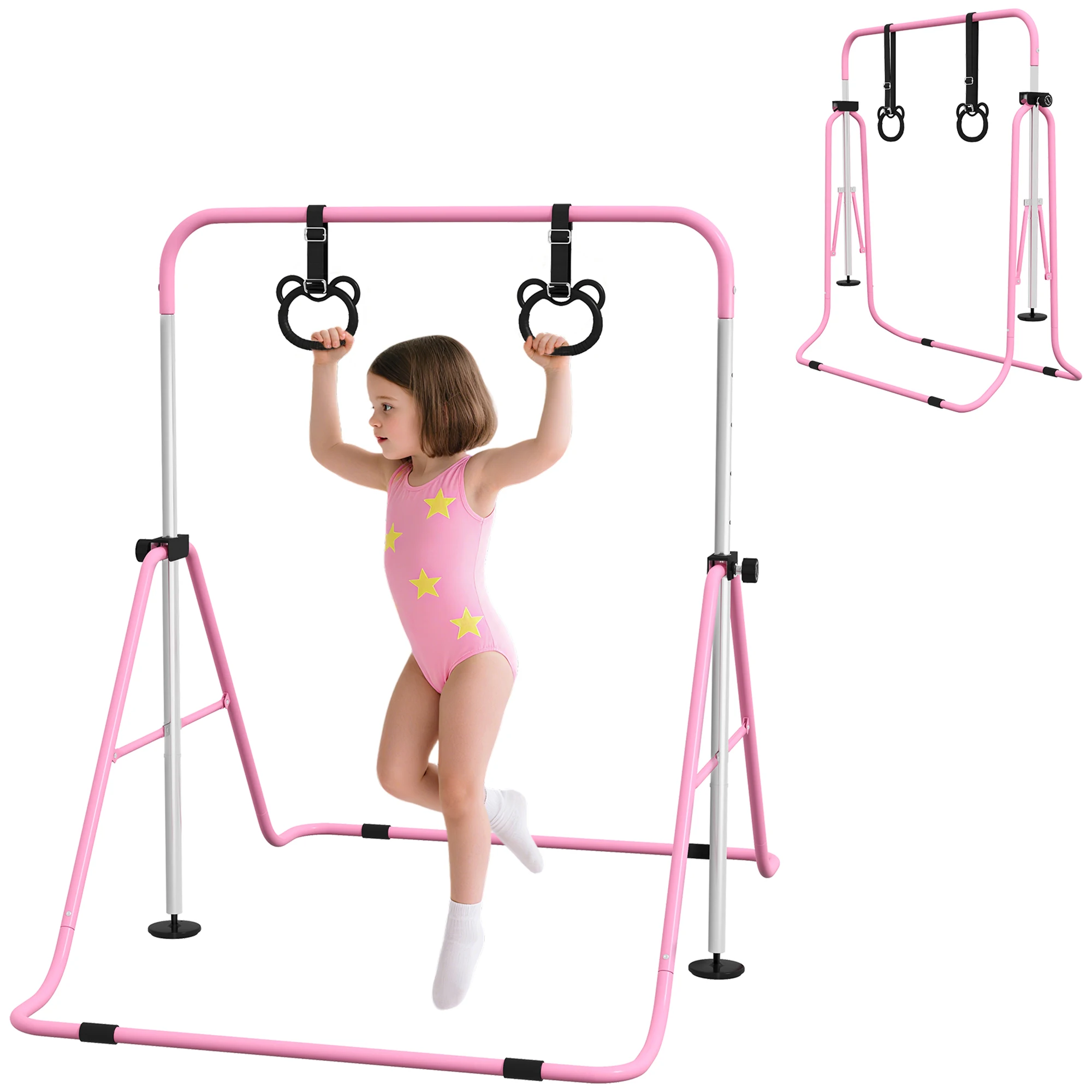 Homcom Gymnastiekbar voor kinderen met verstelbare hoogte in 5-niveaus en ringen Opvouwbare gymnastiektraining thuis