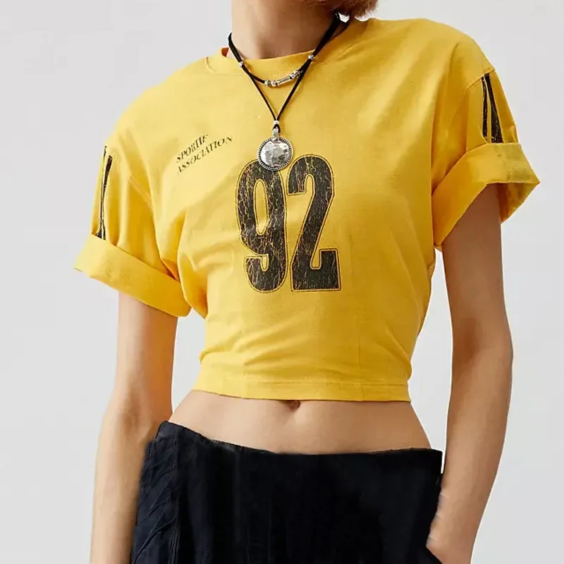 Yellow Round Neck Design T-Shirt Casual Sport Style Top Letter Digital Print Fashion Comfortable Slim Fit Women's Clothing