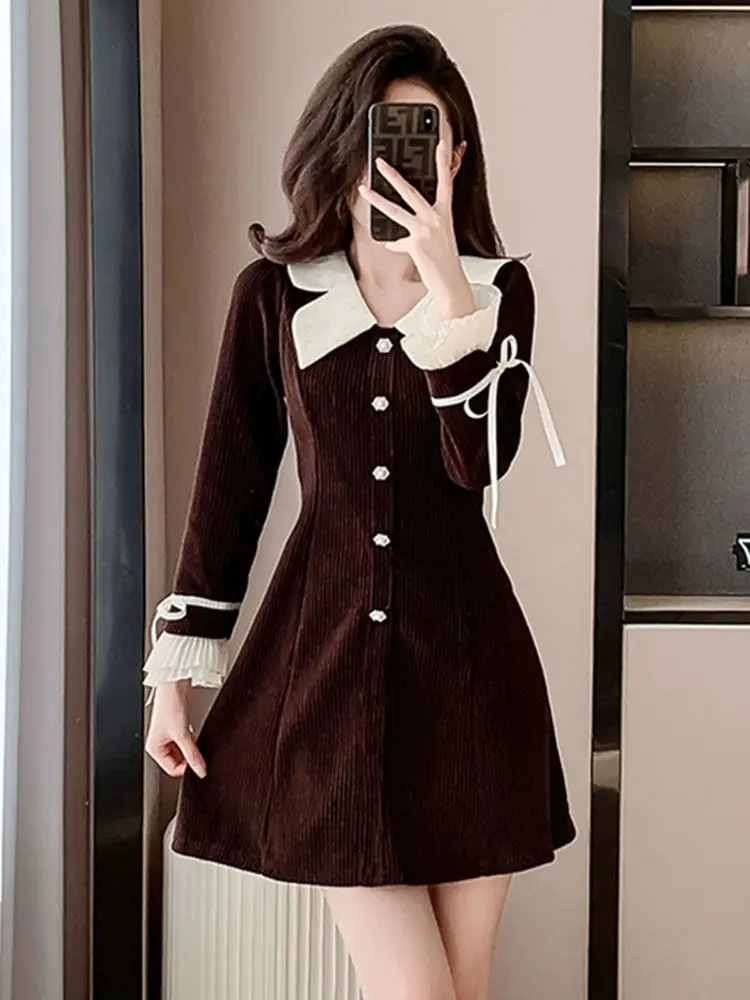 Corduroy Dress Women\'s Doll Collar Ruffled Long Sleeved Short Skirt