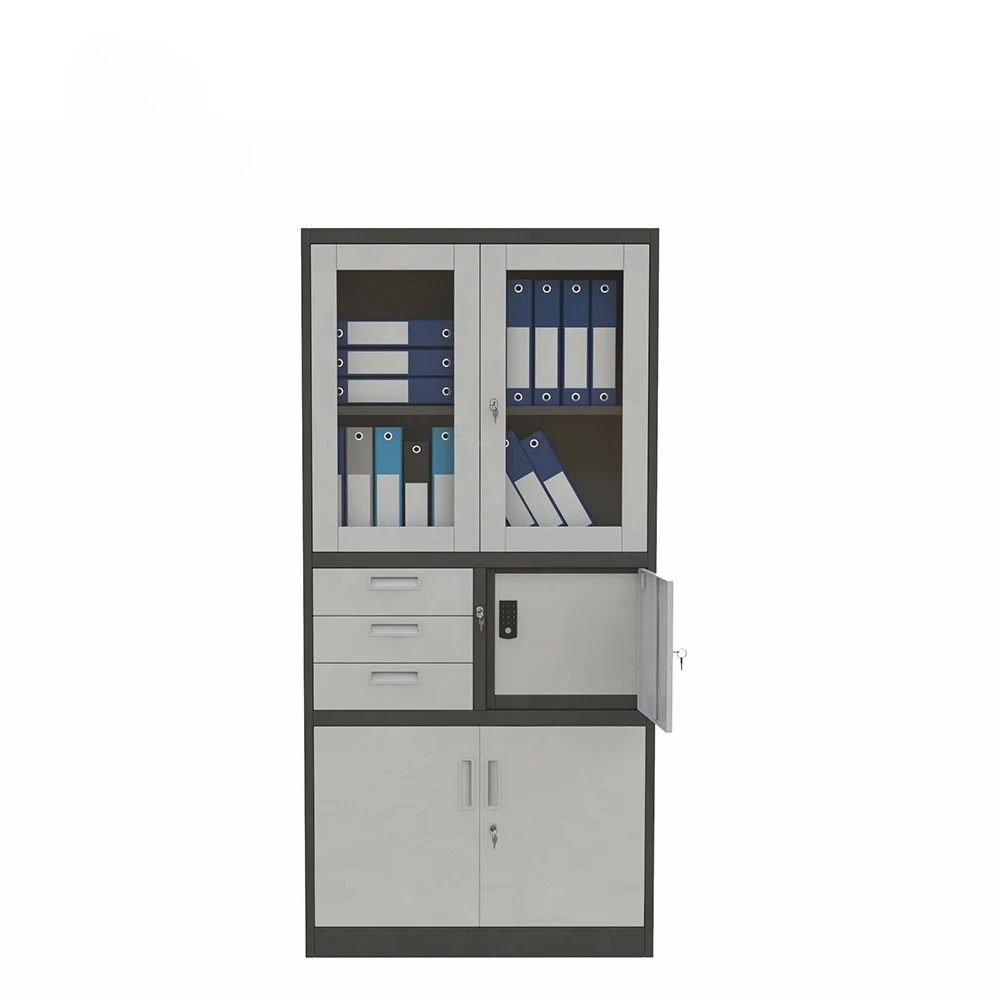 

Modern office cabinet; all-steel filing cabinet with double glass doors; ideal for document storage in a home office