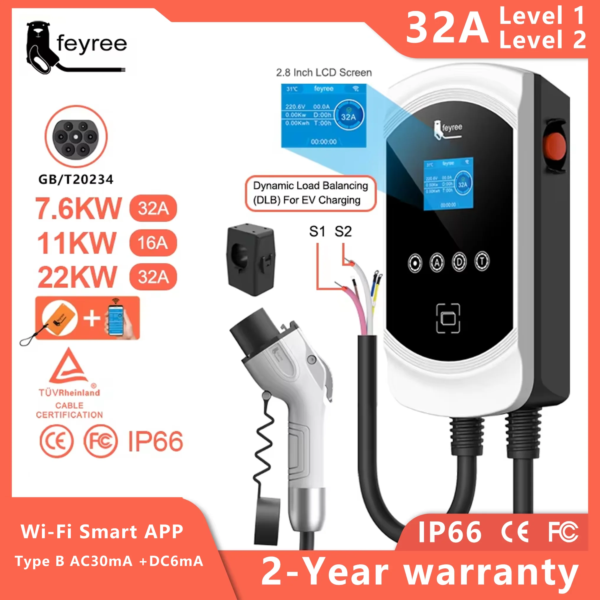 feyree EV Charger GB/T Socket 32A 7KW 1P 16A 11KW 3P 22KW APP Control  DLB Charging Station for Electric Vehicle EVSE Wallbox