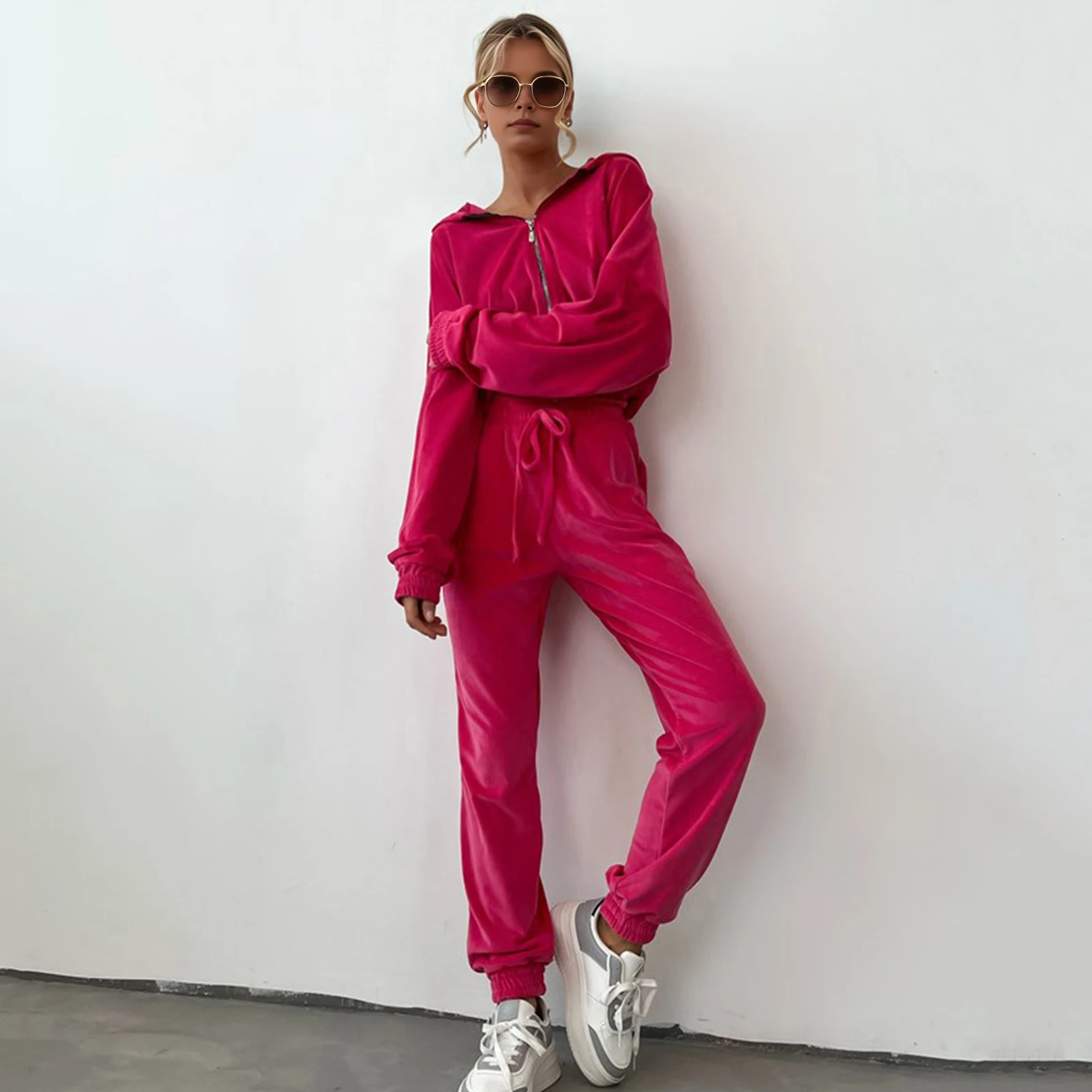 Women\'s Fall and Winter 2024 hot fashion set zipper hoodie Drawstring Tracksuit Trouser Solid color Two-piece set