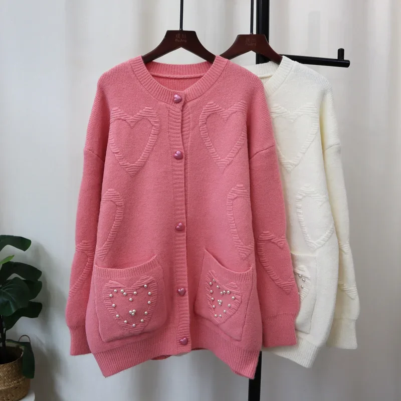 Sweet Love Heart Beads 2024 Woman Cardigan Exquisite Button Ropa Mujer O-neck Long Sleeve Outerwears Loose Sweater Cardigans