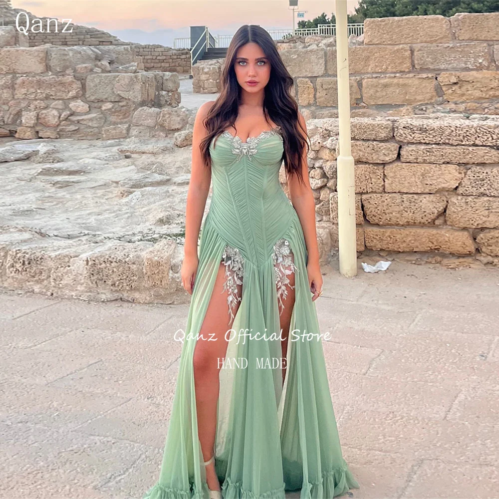 

Qanz Green Chiffon Appliques Prom Dresses Slit Floor Length Elegant Sweetheart Party Gown Illusion Evening Dress Customized