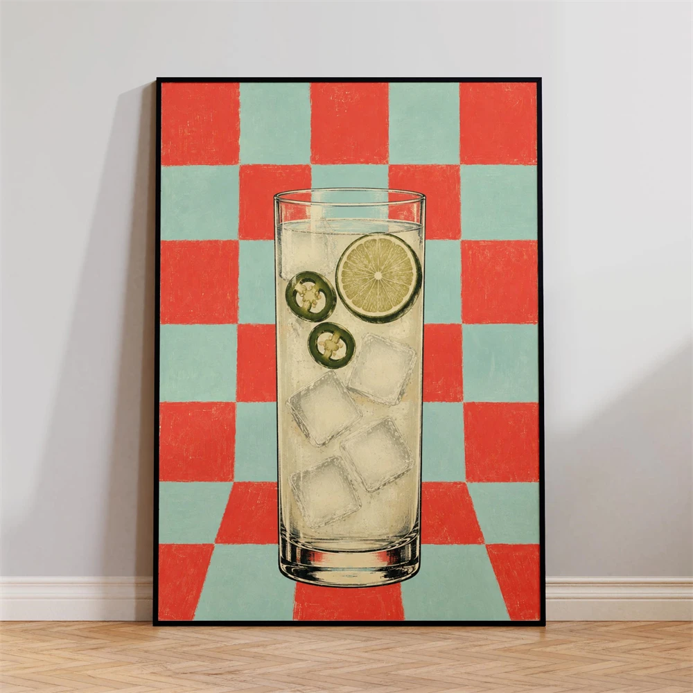 White Russian Wall Art Print White Russian Cocktail Poster Vodka Drink Art Pink Checkered Bar Decor Retro Cocktail Art Canvas
