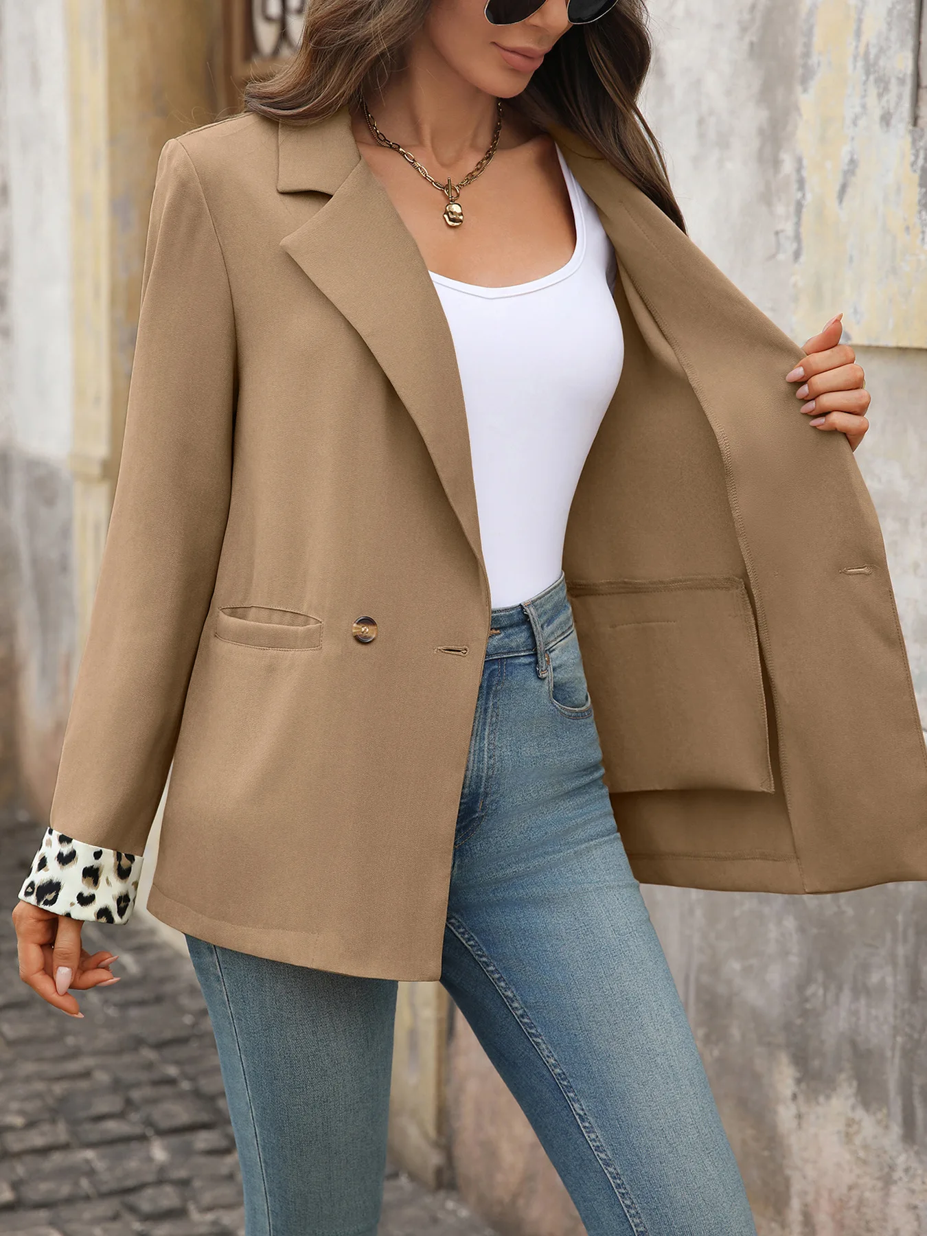 

Women's Retro Leopard Print Patchwork Commuter Suit Jacket New Fashion Outerwear for Ladies