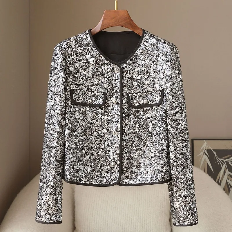 Spring round neck heavy industry sequined small fragrant short jacket single-breasted casual top