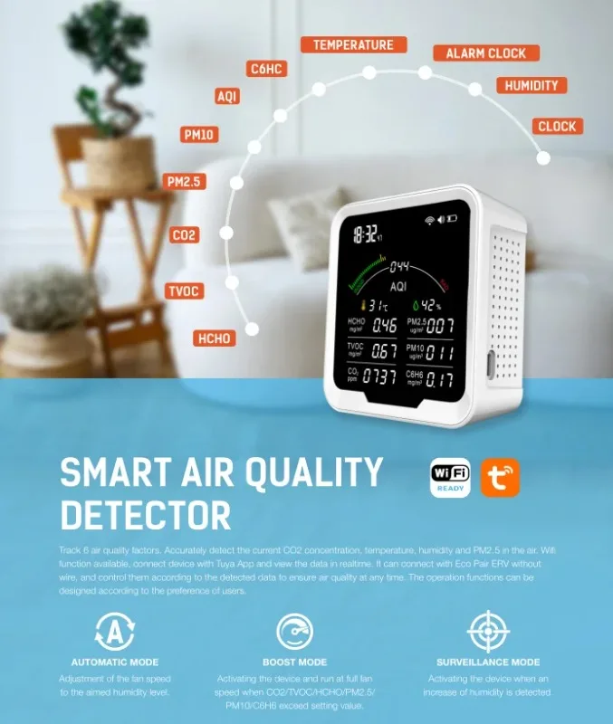 Wireless IAQ Detector pm2.5 co2 temperature 8 in1 monitoring indoor air quality Smart Air Quality Detector