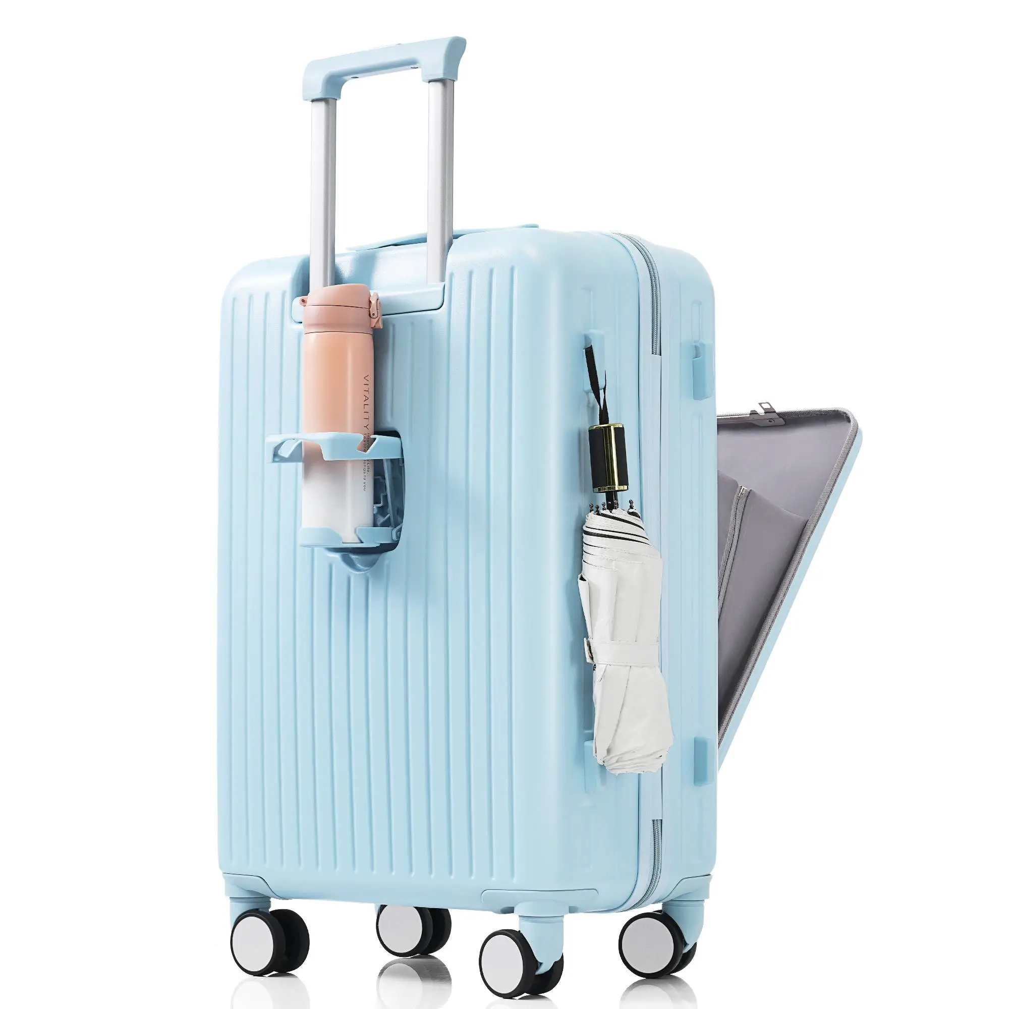 20-Inch Expandable Carry-On Luggage Set – Front Opening Hard Shell Suitcase with USB Port & Cup Holder, Light Blue