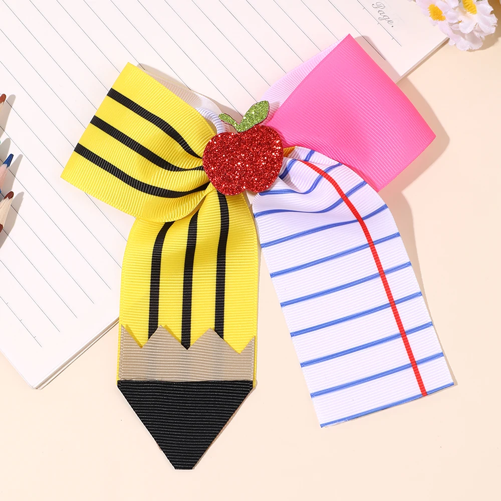 Back to School Pencil Apple Hair Bow Clips Cute Teacher Girls Grosgrain Ribbon Bows Barrettes Student Kids School Hairpins