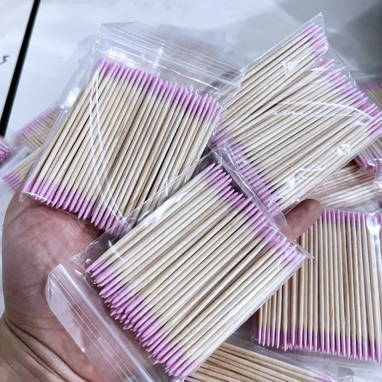 500/300/100Pcs Disposable Double-Head Pink Nails Wood Swab Ultra-small Cleaning Bud Cotton Stick Lint-Free Remove Tools Wood 7cm