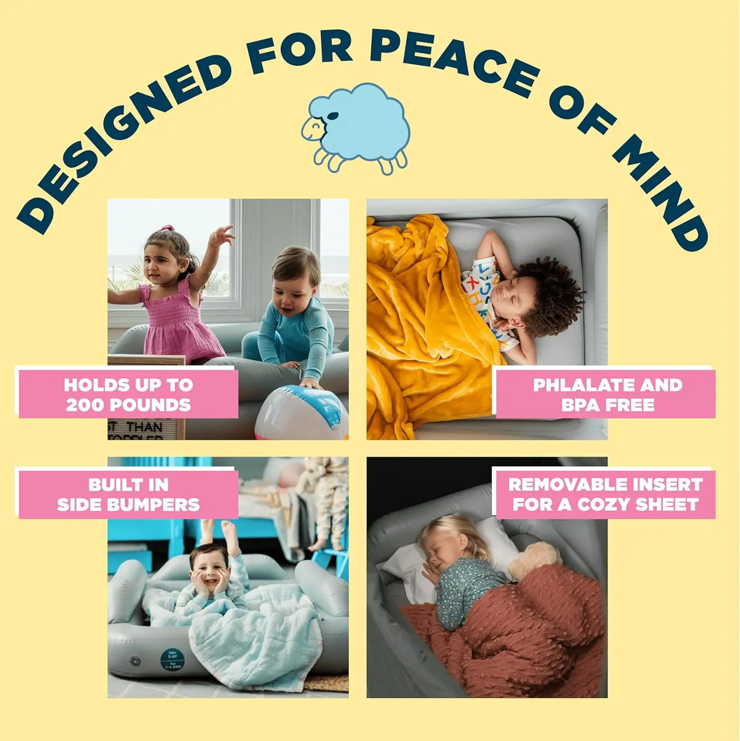 سرير سفر للأطفال الصغار قابل للنفخ مع مصدات أمان ومضخة كهربائية - مرتبة هوائية محمولة للمنزل أو أثناء التنقل
