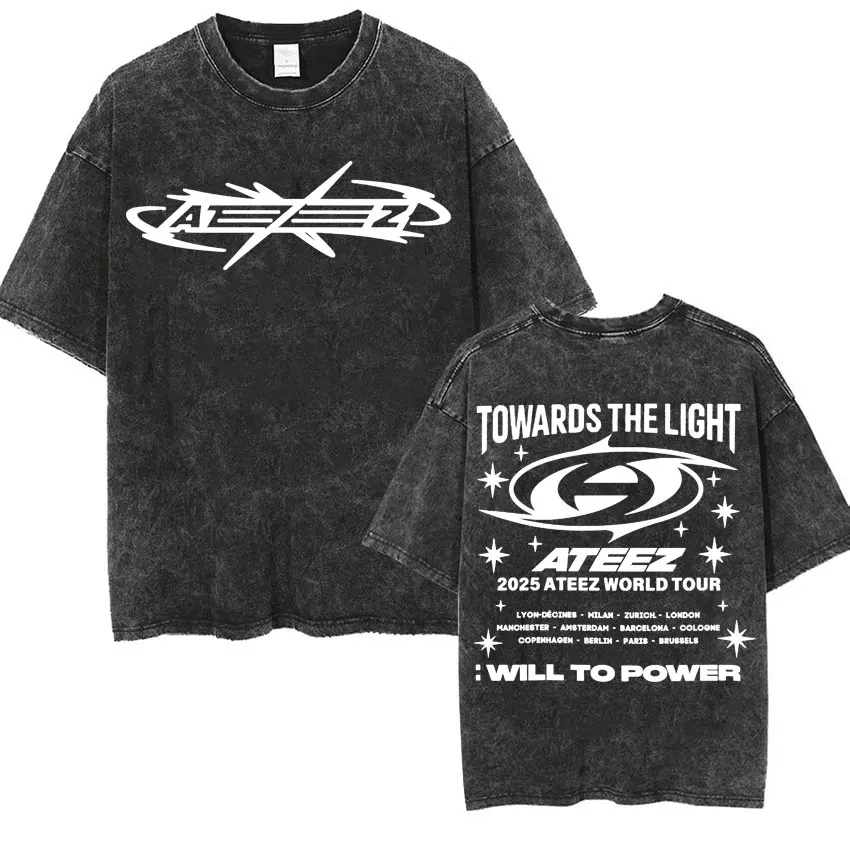 الكورية Ateez ألبوم جولة حول العالم تي شيرت الرجال النساء الملابس Kpop موضة الهيب هوب تي شيرت خمر غسلها فضفاضة قصيرة الأكمام تي شيرت #4