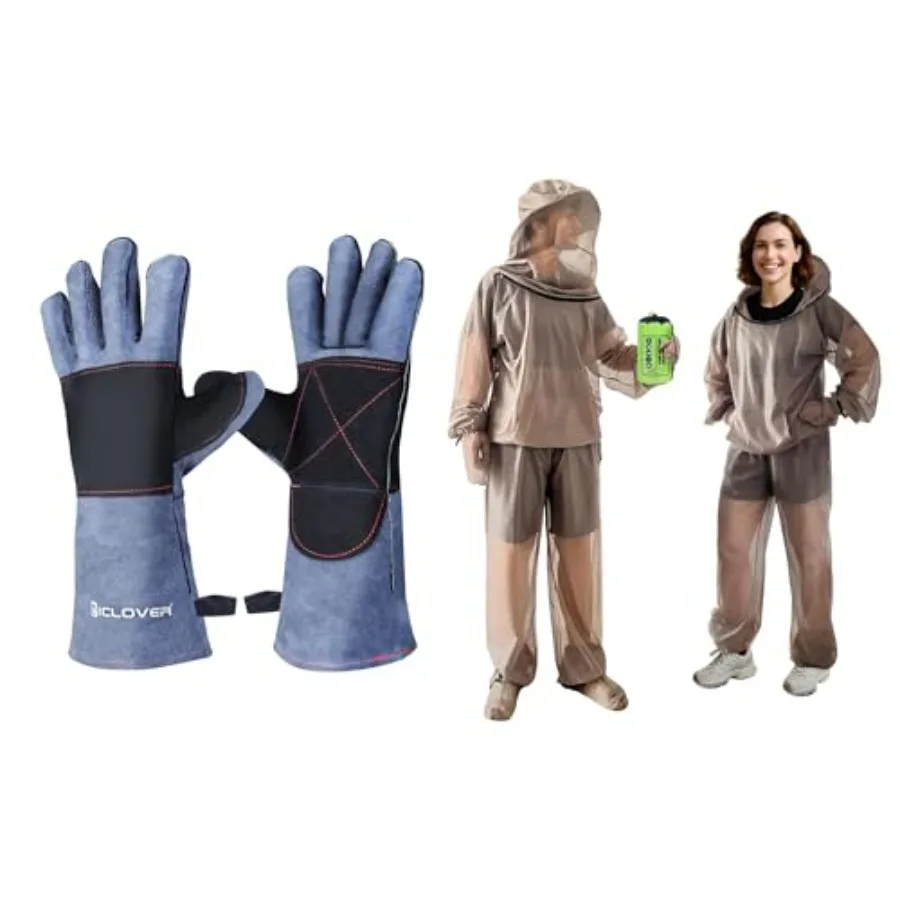 IC ICLOVER 4-Piece Mosquito Jacket Small/Medium+16inch Animal Handling Gloves, Bug Jacket with Hood, Mosquito Net Suits for Gar