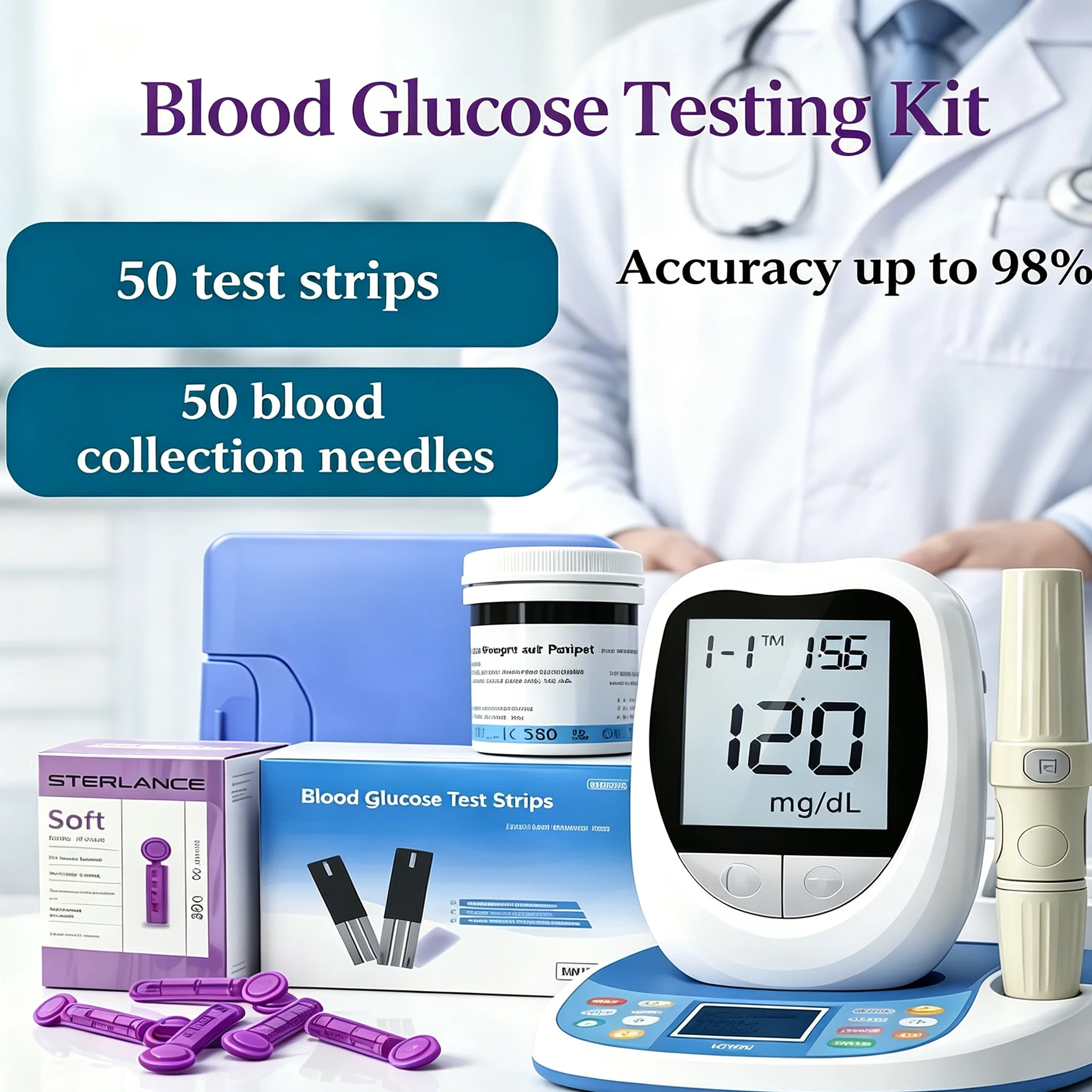 Medidor de Glucosa en Sangre AiQUE, Kit de Prueba de Diabetes, Glucómetro con 50 Tiras Reactivas + 50 Lancetas para Medir el Azúcar en Sangre