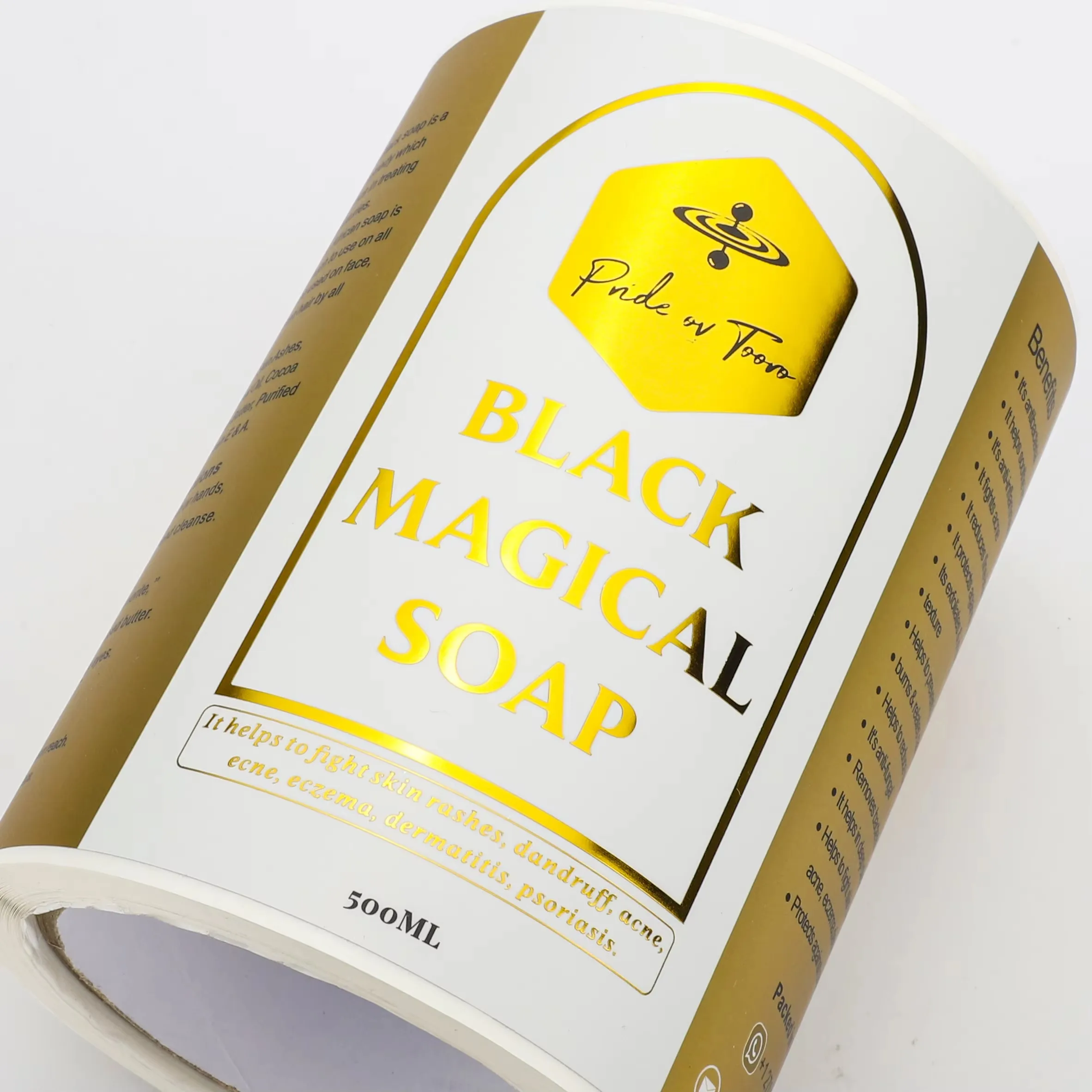 Waterproof BOPP Custom Large Gold Label Roll | Big Size Gold Foil Logo Stickers for Soap Bottle Packaging