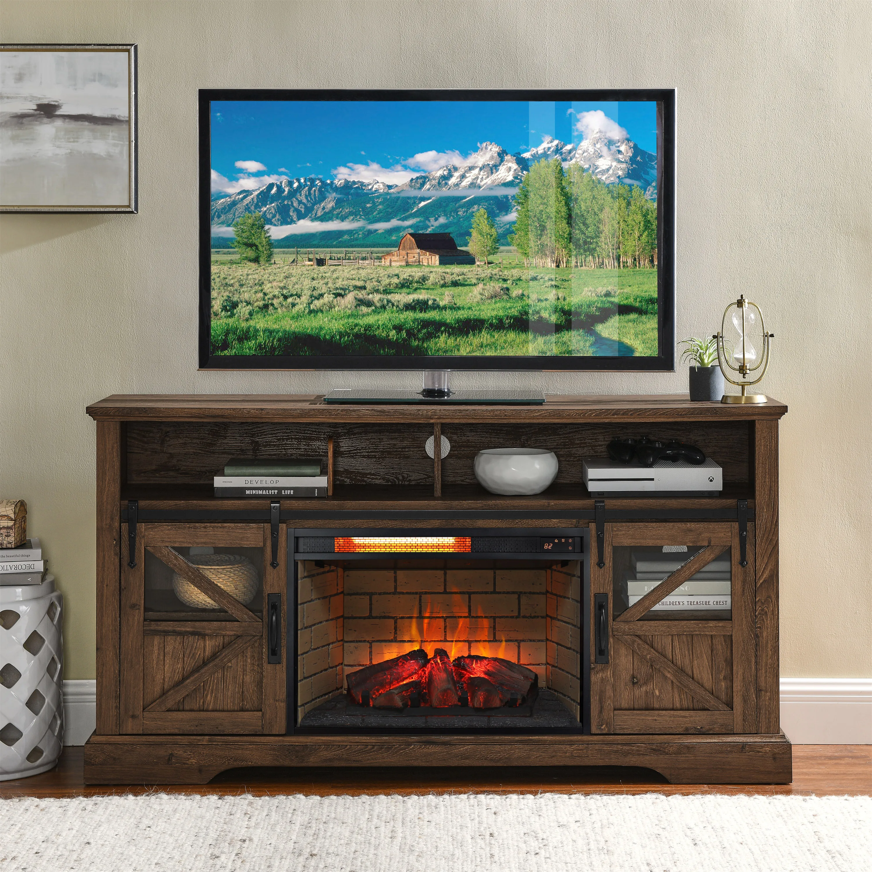 26 Inch Infrared Quartz Electric Fireplace Insert Heater, Realistic Wood Log and Brick Interior, Indoor Home Heating Decorative Fireplace Unit