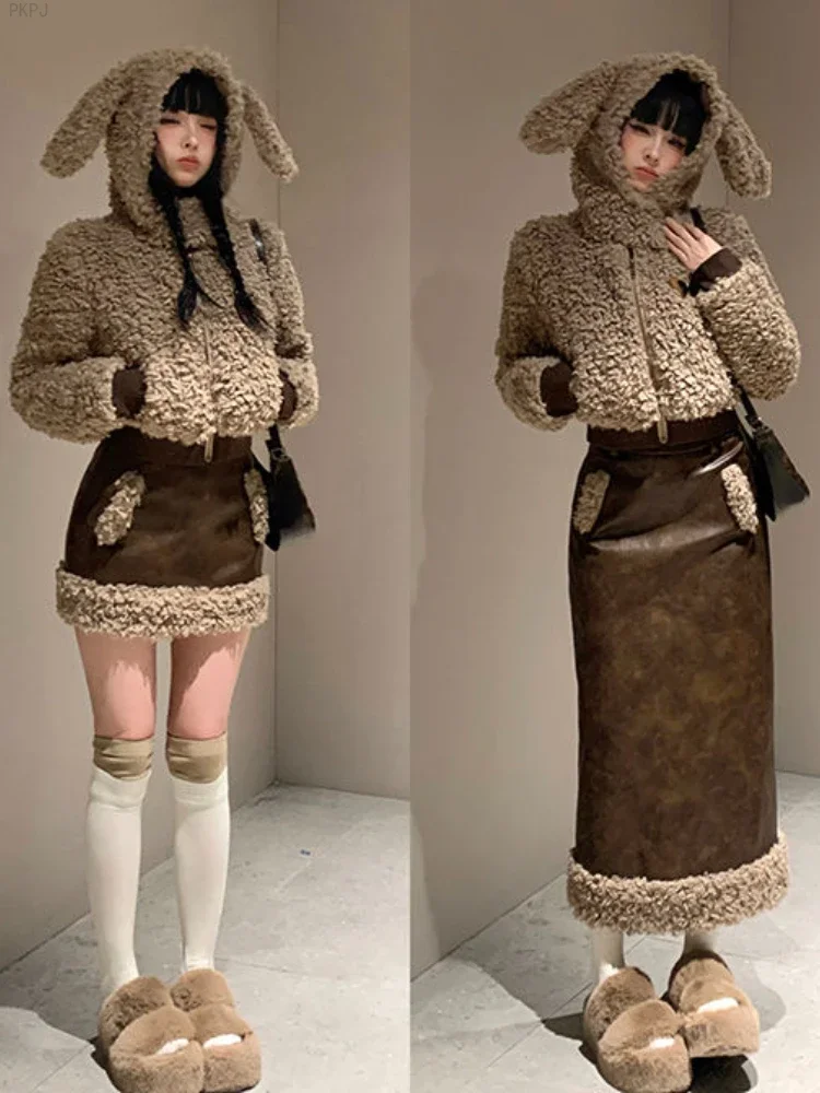 Warm Kawaii Elegant Two Piece Set Female Sweet Korea Skirt Suit Women Winter 2024 Long Sleeve Hooded Coat + Japanese Party Skirt