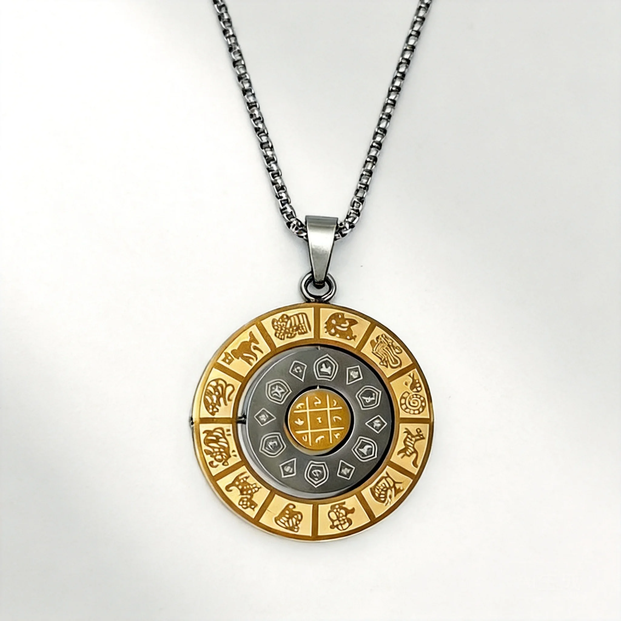Chinese Style Stainless Steel Rotatable Nine Palaces Eight Trigrams Pendant Necklace 12 Chinese Zodiac Lucky Blessing Fortune