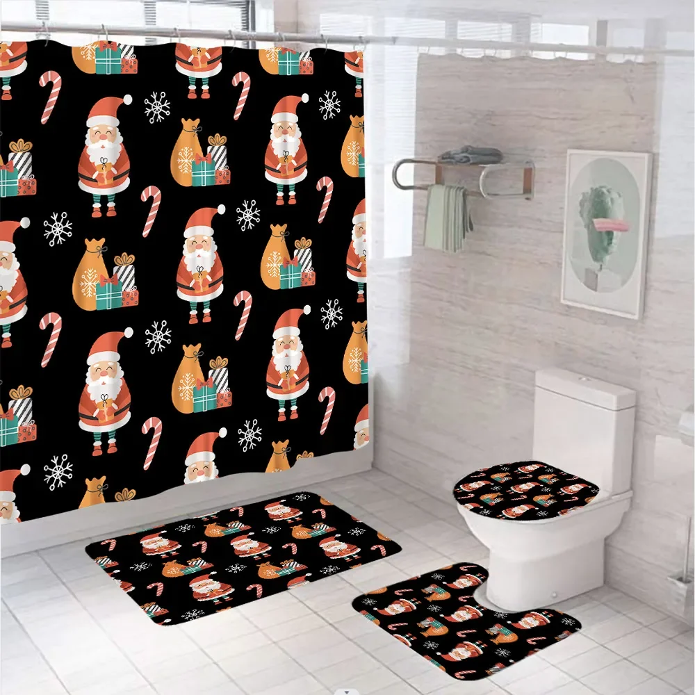 4Pcs Christmas Shower Curtain Set Santa Claus Gift Kids Girl Bathroom Decor Curtains Fabric Screen Bath Mat Rug Toilet Lid Cover