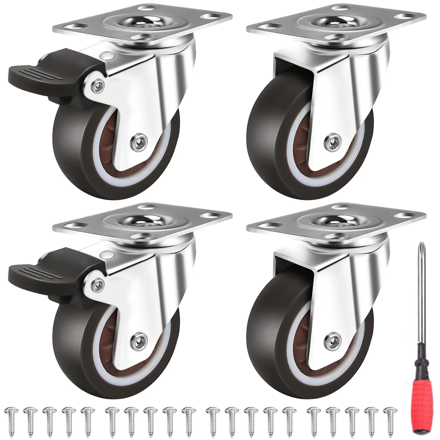 1 Inch Plate Caster Wheels, Low Profile Swivel Casters Set of 4 Heavy Duty Load 99 Lbs with Brakes No Noise Rubber Small Locking