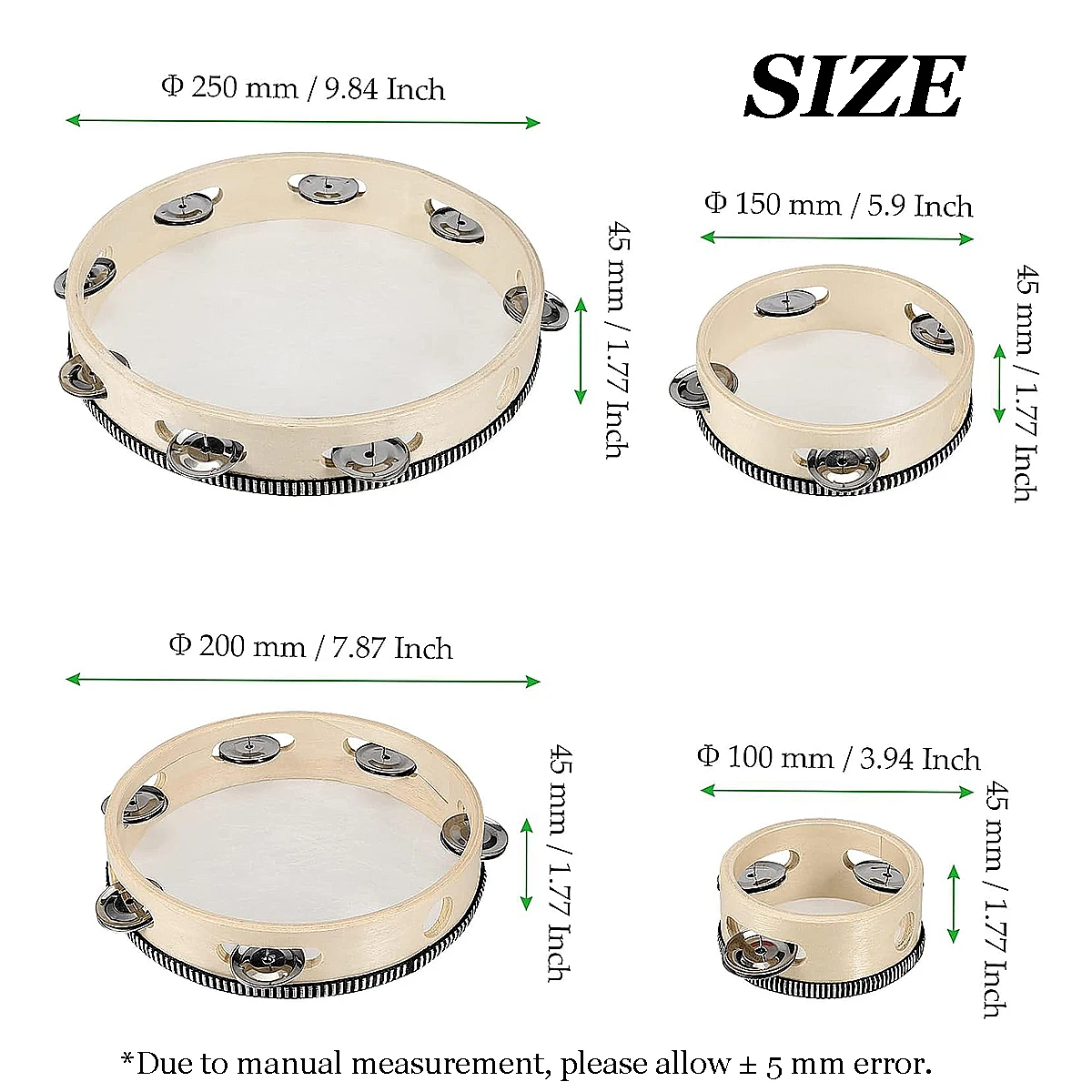 Miwayer Wood Hand Tambourine 4/6/8/10 Inch - Natural Finish, Metal Jingles, Educational Rhythm Percussion for Music Class