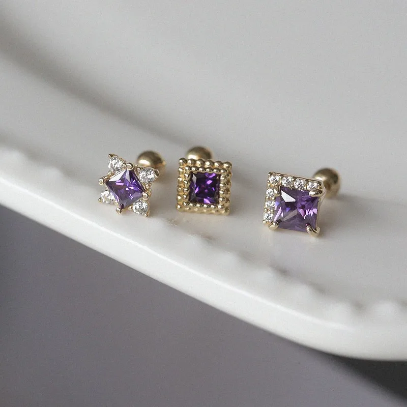 

CCFJOYAS DIY Three Different Style 925 Sterling Silver Purple Zircon Stud Earrings Simple INS Mini Cute Square ear bone nails