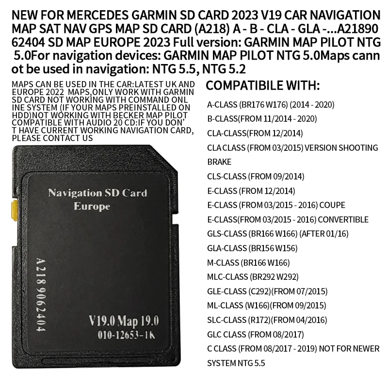 

ПОЛНАЯ ВЕРСИЯ ЕВРОПА 2023: GPS SD-карта ДЛЯ MERCEDES GARMIN MAP PILOT NTG 5.0 АВТОМОБИЛЬНОЕ НАВИГАЦИЯ SD-карта V19 (A218) A 2189062404