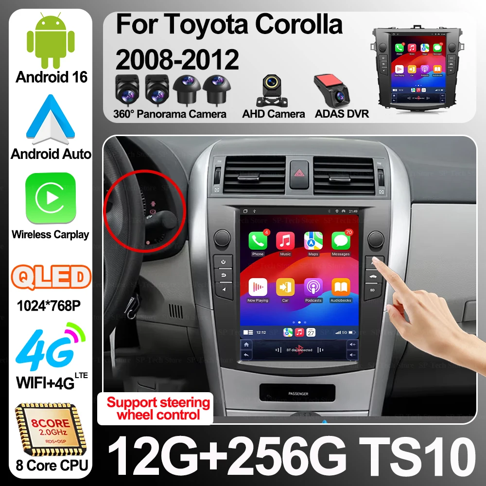 9.7 Inch Android 16 For Toyota Corolla 2008-2012 Car Radio Multimedia Video Player Gps navigation Stereo Head Unit  Carplay