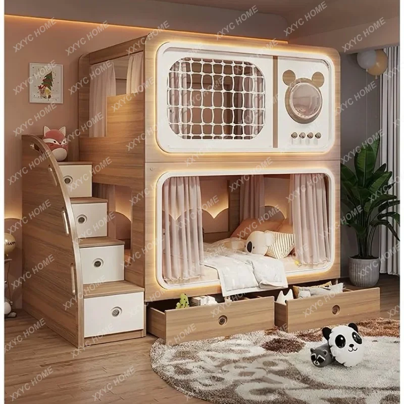 XX Log color children's bed, bunk bed on the top and bottom of the space capsule, second floor children high and low bed
