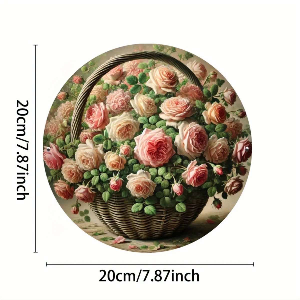 Round Iron Metal Sign, Floral Basket Pink Roses Pattern, 7.8 Inch Wall Art Decor, Aesthetic Indoor/Outdoor Foil Engraved Hanging