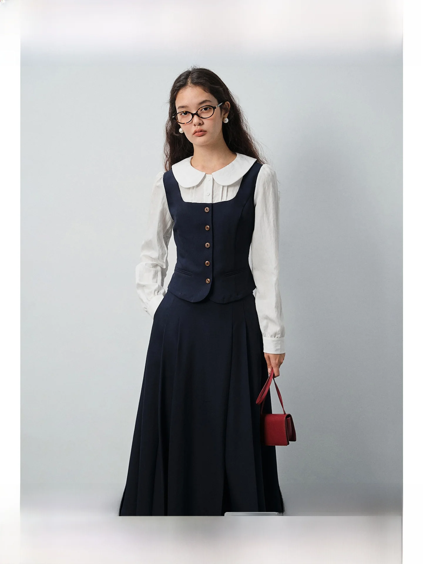 

plus Size Women's Faux Two-Piece Set Slimming irt Top High Waist Skirt Spring Faion Office Wear Button Detail Patchwork